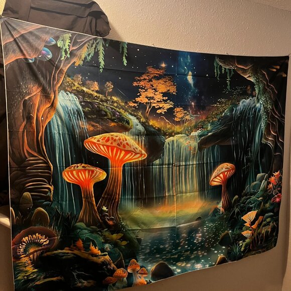 Mushroom kingdom waterfall with trees blacklight tapestry wall decor hanging - Picture 3 of 5